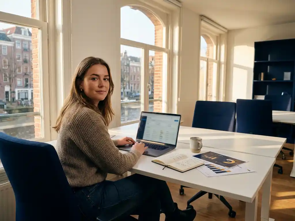 afgestudeerde in casual kleding achter modern bureau met laptop en notitieboek in licht amsterdams kantoor.