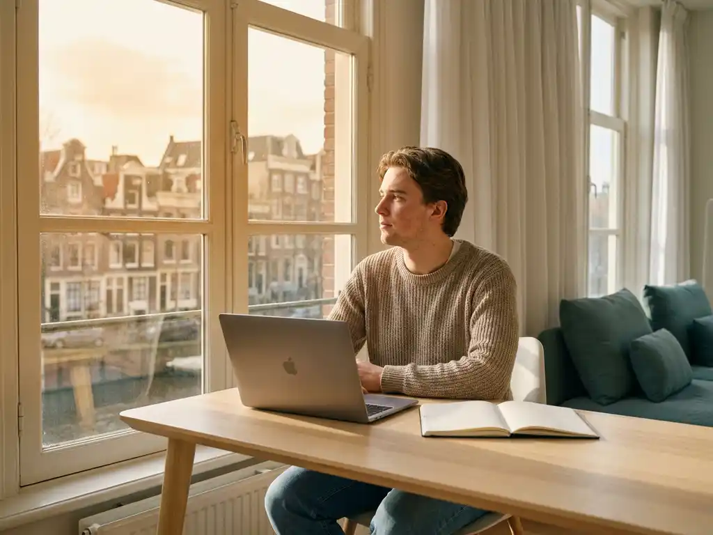 jonge afgestudeerde aan een modern bureau met laptop en notitieboek, starend naar een zonnig nederlands stadslandschap.