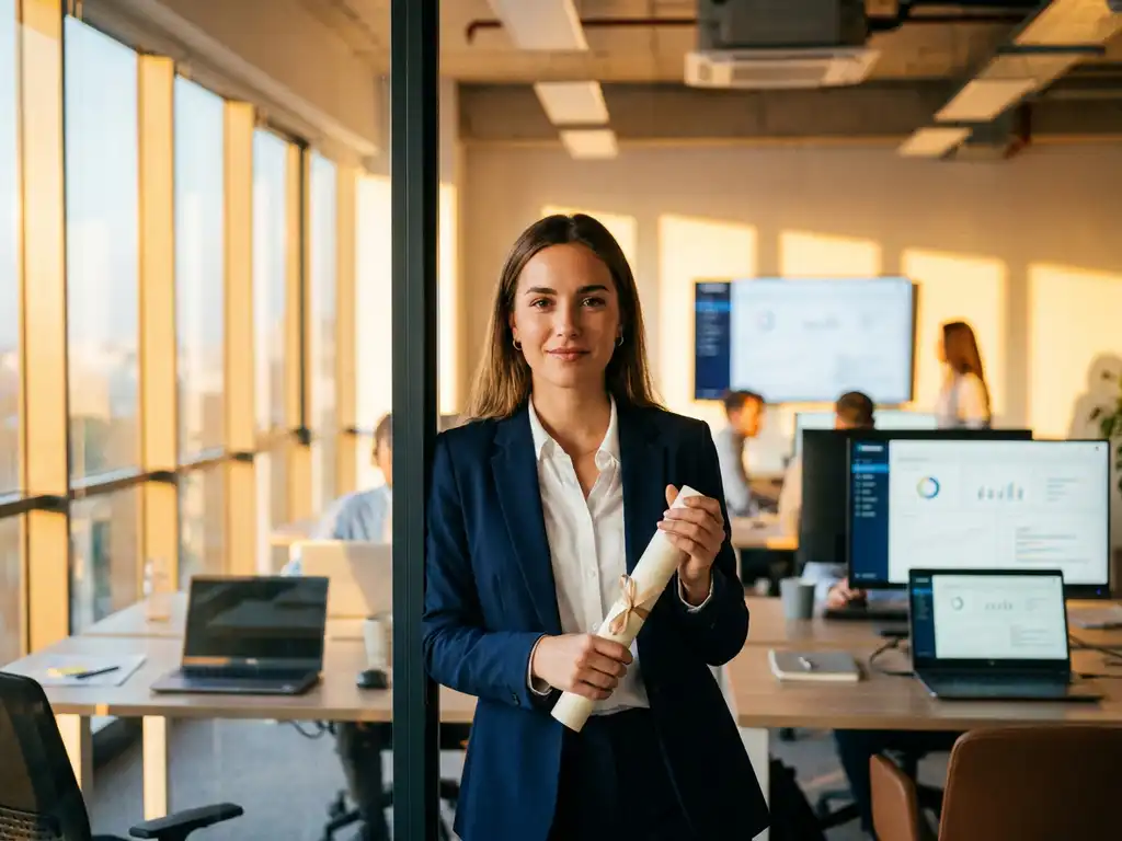 jonge afgestudeerde in blazer met diploma staat in modern marketingkantoor met campagne-dashboards op de achtergrond.