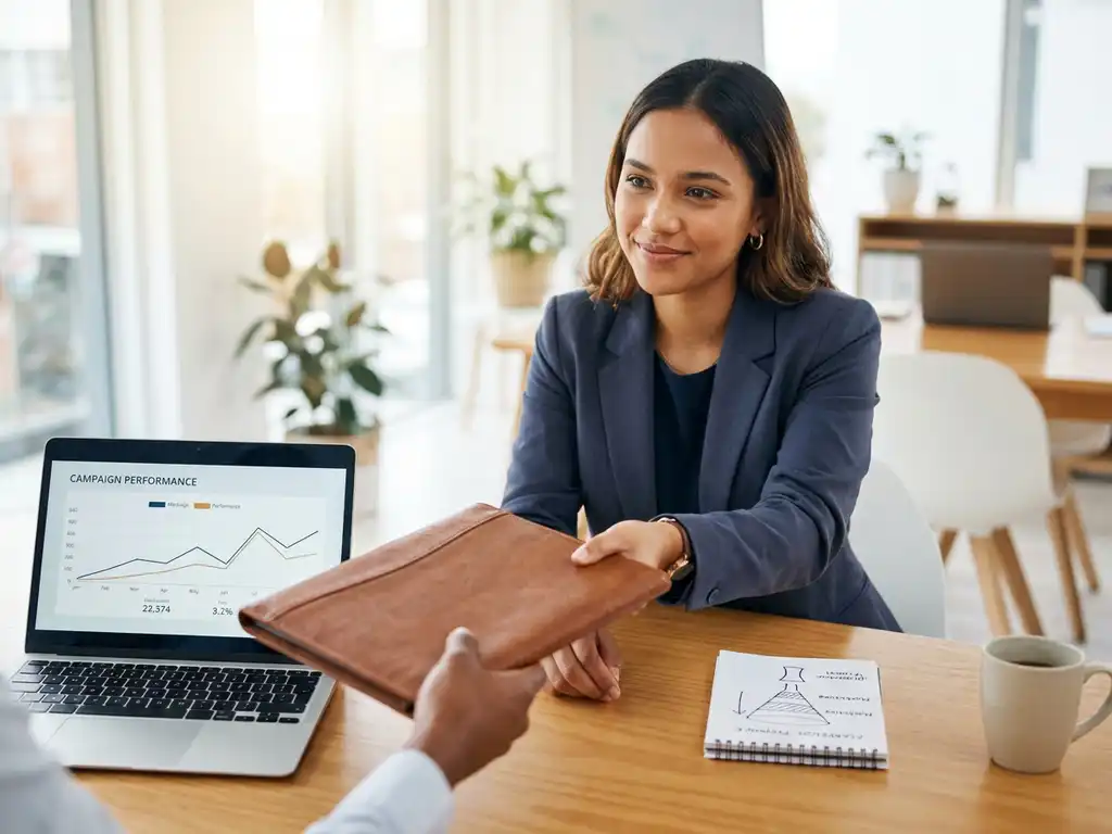 afgestudeerde presenteert professionele portfolio aan bureau met laptop met campagne-analyses en notitieblok met marketingschetsen.