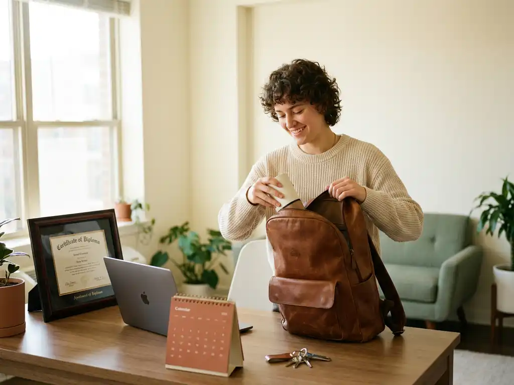 afgestudeerde die zelfverzekerd een leren rugzak inpakt aan een modern bureau, met diploma, laptop en appartementsleutels in warm natuurlijk licht.