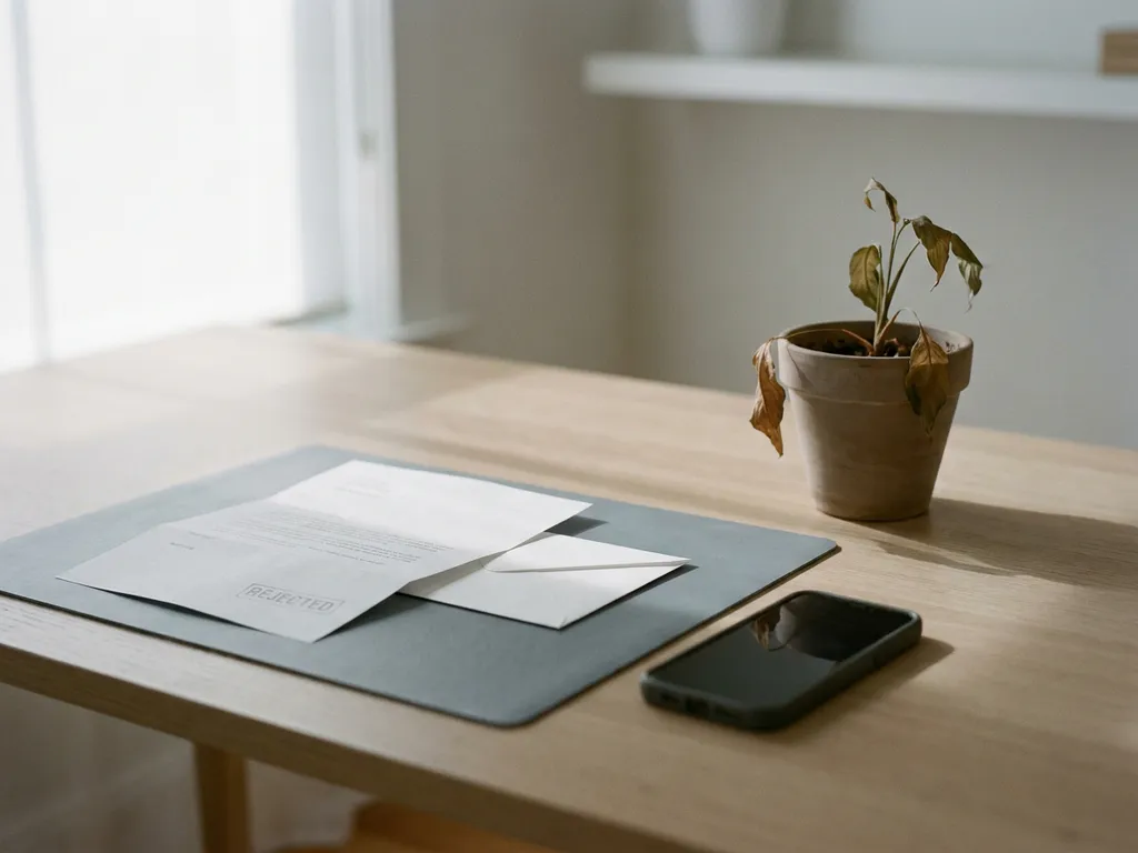 afgewezen sollicitatiebrief op modern bureau met omgedraaide smartphone en verwelkte plant in gedempte beige en grijstinten.