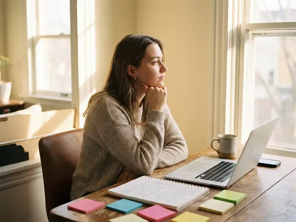 jonge professional aan een houten bureau met sticky notes en notitieboek vol carrière-ideeën, denkend in warm ochtendlicht.