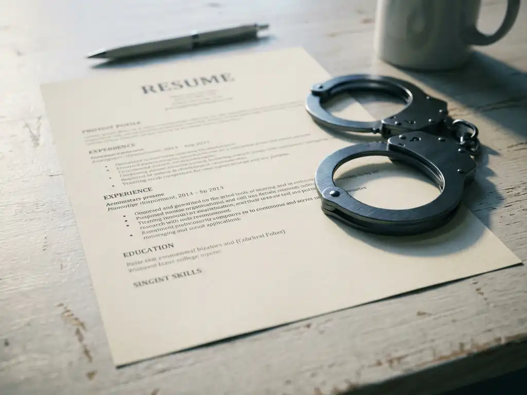 professioneel cv op wit bureau met handboeien ernaast, symboliserend de juridische risico's van fraude op een sollicitatie.