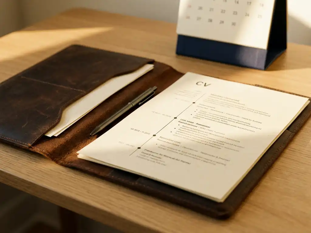opengeslagen leren portfolio met netjes getypt cv en tijdlijnrubrieken, pen erop, kalender op achtergrond, warm middaglicht.