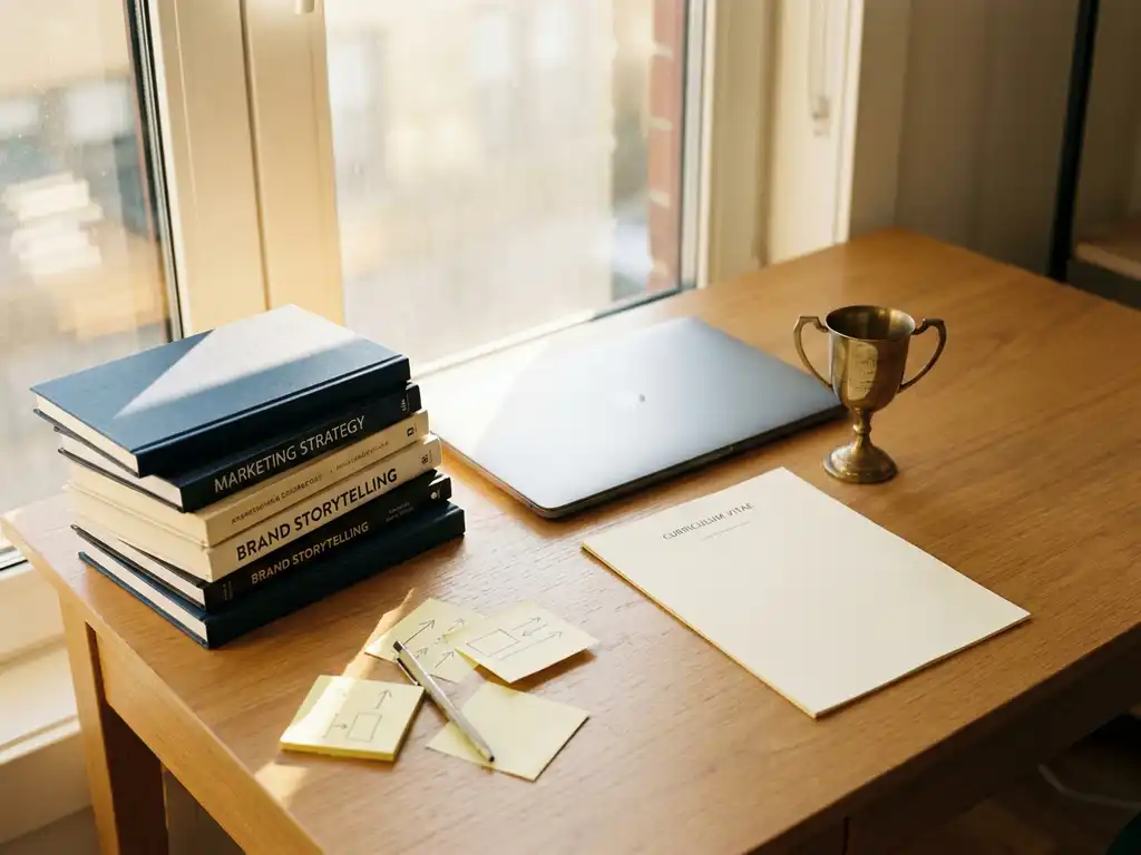 nette bureau met cv, laptop, marketingboeken en kleine trofee in warm natuurlijk licht, aspirationele werkplek voor jonge professional.