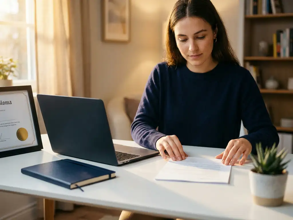 jonge professional die een cv opmaakt aan een wit bureau met laptop, notitieboek, diploma en plant in warm goudkleurig licht.