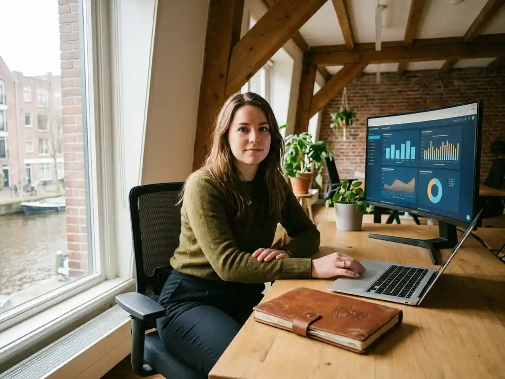 jonge professional aan modern bureau met digitale marketingdashboards op monitor en universiteitsnotitieboek naast laptop, amsterdams kantoor.