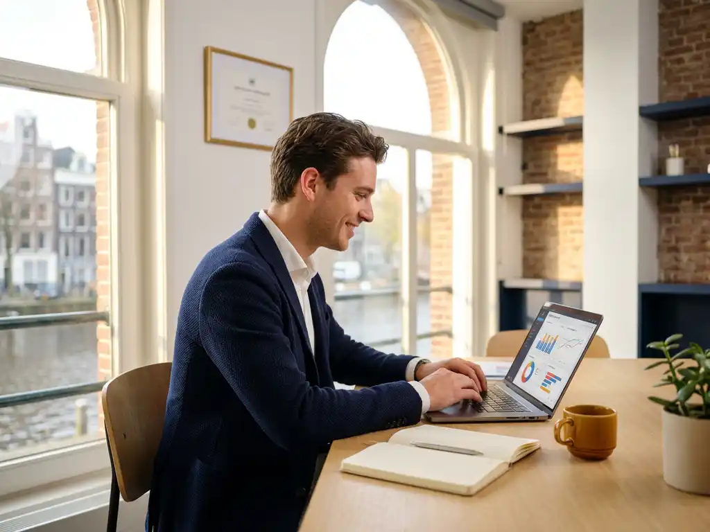 jonge professional analyseert digitale marketingdata op laptop aan modern bureau in licht amsterdams kantoor met gouden daglicht.