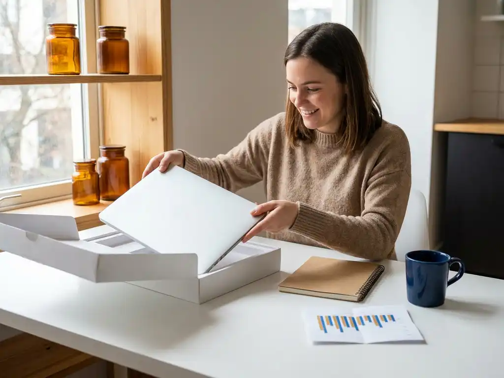 jonge professional pakt laptop en notitieboek uit op modern bureau met analytics-printout en koffie, verlicht door natuurlijk daglicht.