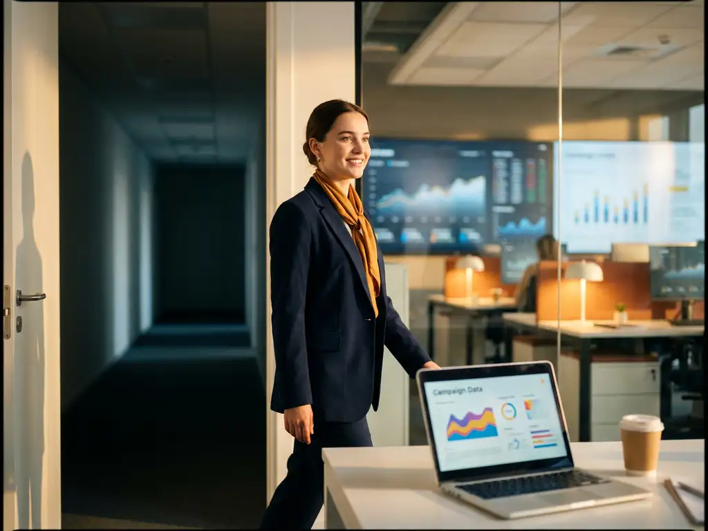 jonge professional stapt door een open deur een modern digital marketing werkruimte binnen met laptop en campagne-analyses op het bureau.