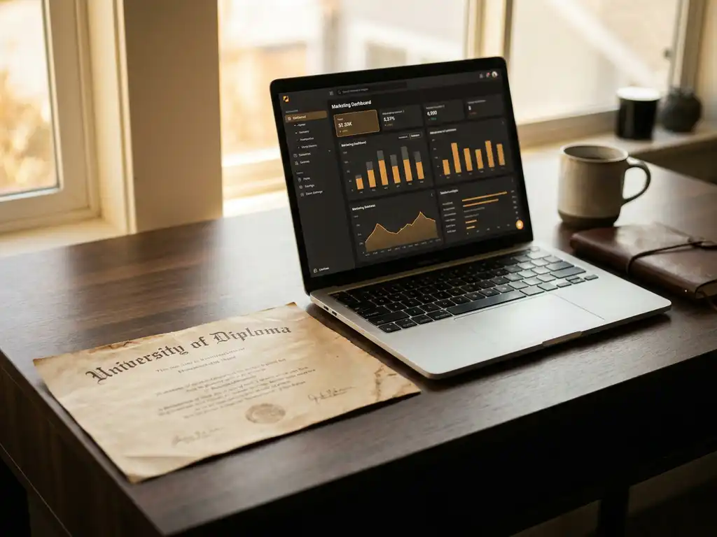 vergeeld universiteitsdiploma naast een laptop met marketingdashboard op modern bureau, met koffiekop en notitieboek in warm natuurlijk licht.