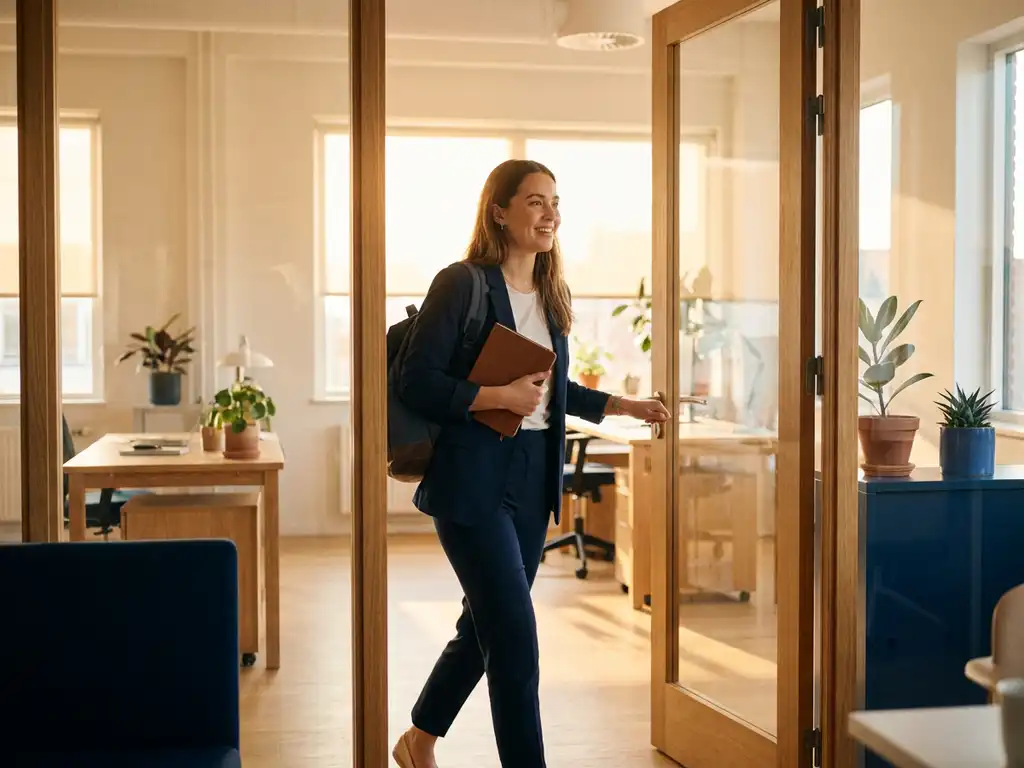 jonge professional stapt zelfverzekerd een modern nederlands kantoor binnen met rugzak en notitieboek, gouden tegenlicht.