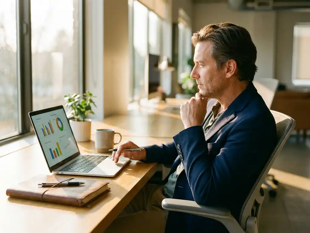 marketingprofessional in de 40s analyseert campagnedata op laptop in modern kantoor, warm middaglicht, notitieboek op bureau.