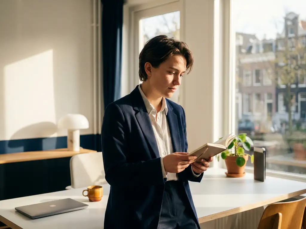 jonge professional bij een zonnig raam in moderne werkruimte, leest aandachtig een notitieboekje, warme ochtendsfeer.