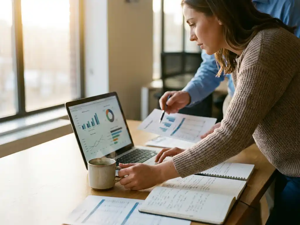 jonge professional bestudeert analytics-dashboards op laptop aan modern bureau, met notitieboeken, koffie en collega op de achtergrond.
