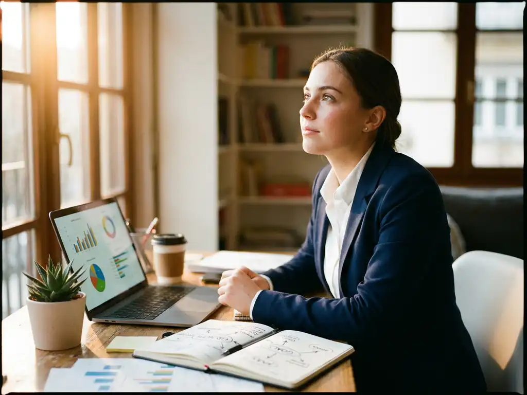 jonge professional aan een modern bureau met notitieboek, laptop met dashboards en plant, denkend in warm goudkleurig licht.