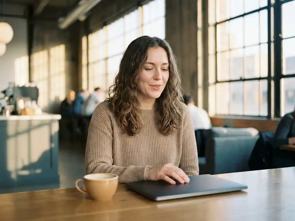 jonge professional sluit laptop in modern café, glimlacht voorzichtig met koffie op tafel, warm middaglicht door grote ramen.