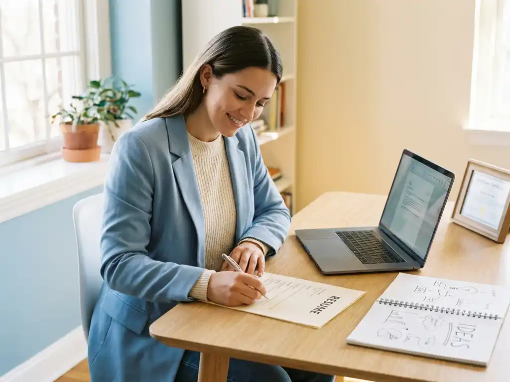 jonge professional vult zelfverzekerd een nieuw cv in aan een modern bureau met laptop, certificaat en notitieboek.