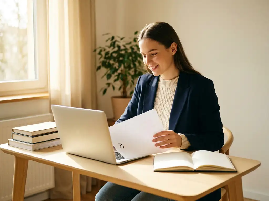jonge professional aan modern bureau met bijna leeg cv naast laptop, boeken en notitieboek in warm gouden licht.