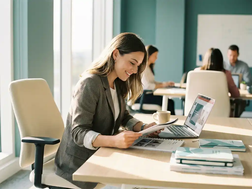 jonge professional aan modern bureau bestudeert gedrukt portfolio naast laptop in lichte kantooromgeving.