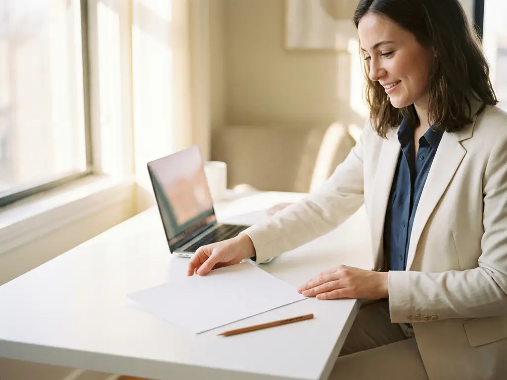 jonge professional legt leeg vel papier op minimalistisch wit bureau met potlood en laptop op de achtergrond.