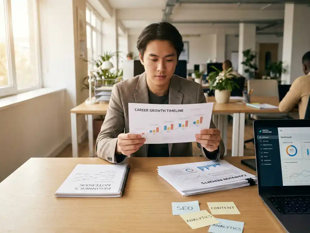 jonge professional aan modern bureau bestudeert carrière-tijdlijn met digitale marketingnotities en laptop in licht kantoor.