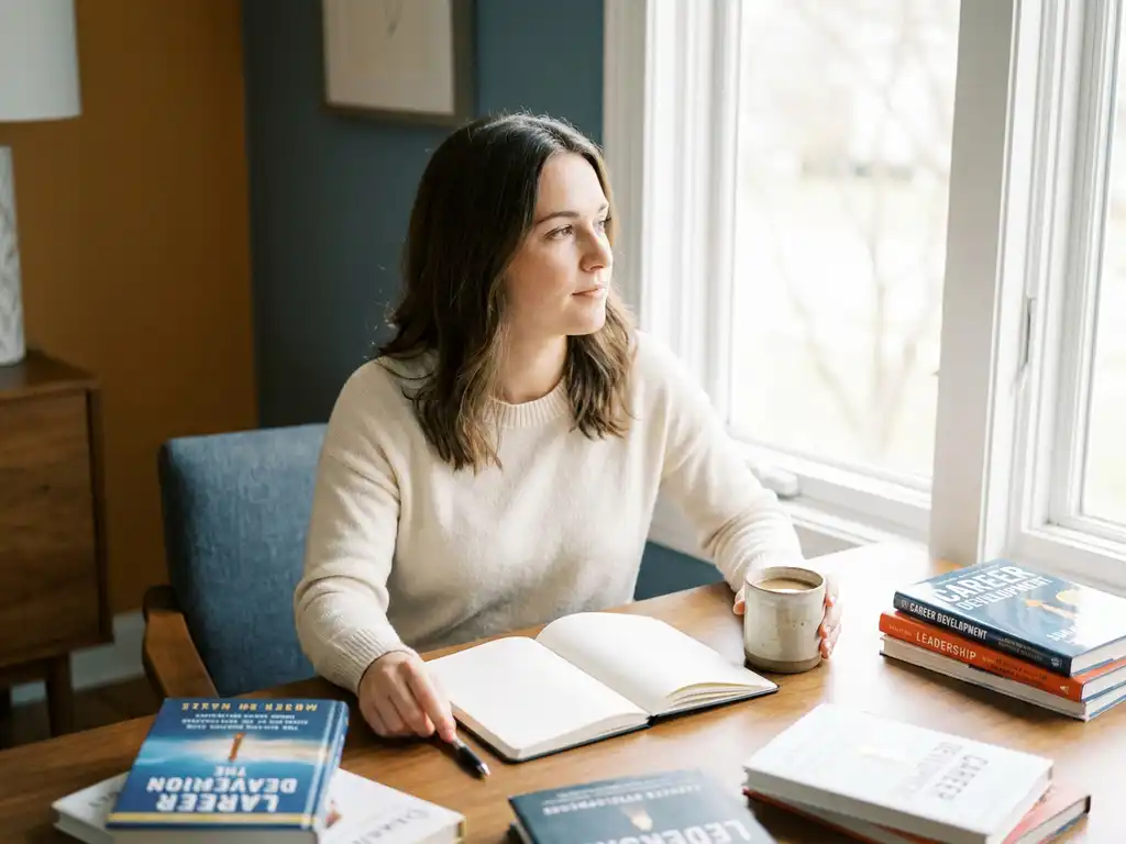 jonge professional aan houten bureau met open notitieboek, carrièreboeken en koffie, in warm natuurlijk licht.