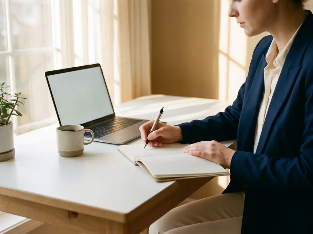 jonge professional schrijft carrièredoelen in notitieboek op minimalistisch bureau met laptop en koffie, warm natuurlijk licht.