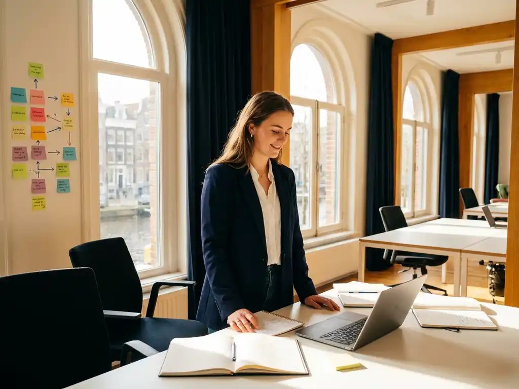 jonge professional bij een lichte kruising van carrièrepaden in een moderne amsterdamse werkruimte met notitieboeken, laptop en sticky notes.