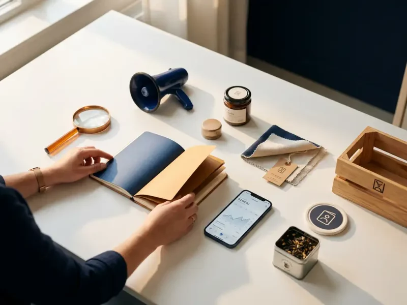 jonge marketeer arrangeert marketingobjecten op wit bureau: vergrootglas, megafoon, notitieboek en smartphone in warm natuurlijk licht.
