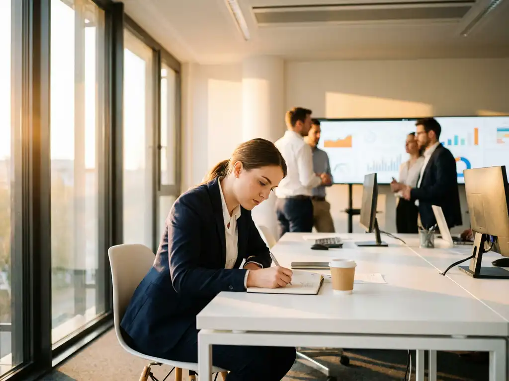 jonge professional maakt aantekeningen in modern open kantoor, collega's bekijken marketingdashboards op schermen, gouden daglicht.