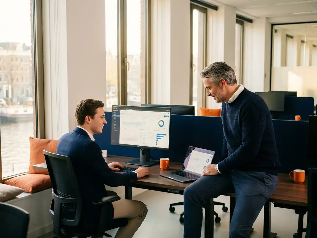twee marketingprofessionals analyseren analytics-rapporten op een moderne werkplek in een amsterdams kantoor met oranje accenten.