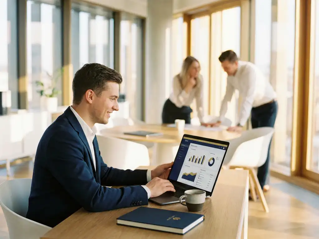 jonge professional analyseert marketingdashboard op laptop in modern kantoor, notitieboek en koffie op bureau, collega's op achtergrond.