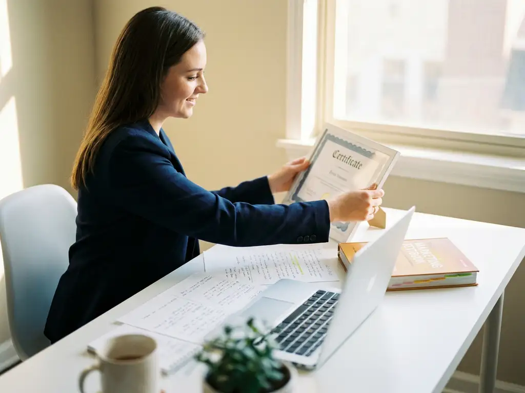 jonge professional legt marketingcertificaat op bureau naast laptop, aantekeningen en studieboek in warm gouden licht.