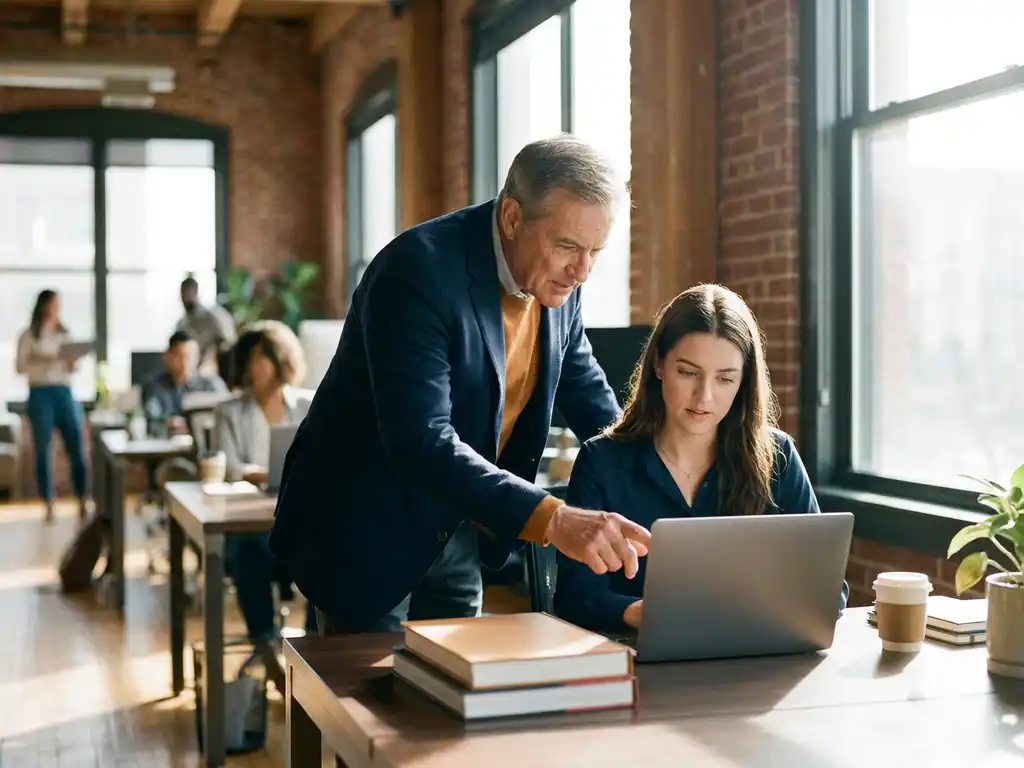 ervaren mentor begeleidt jongere collega bij laptopscherm in licht amsterdams kantoor met warme amber- en marineblauw tinten.