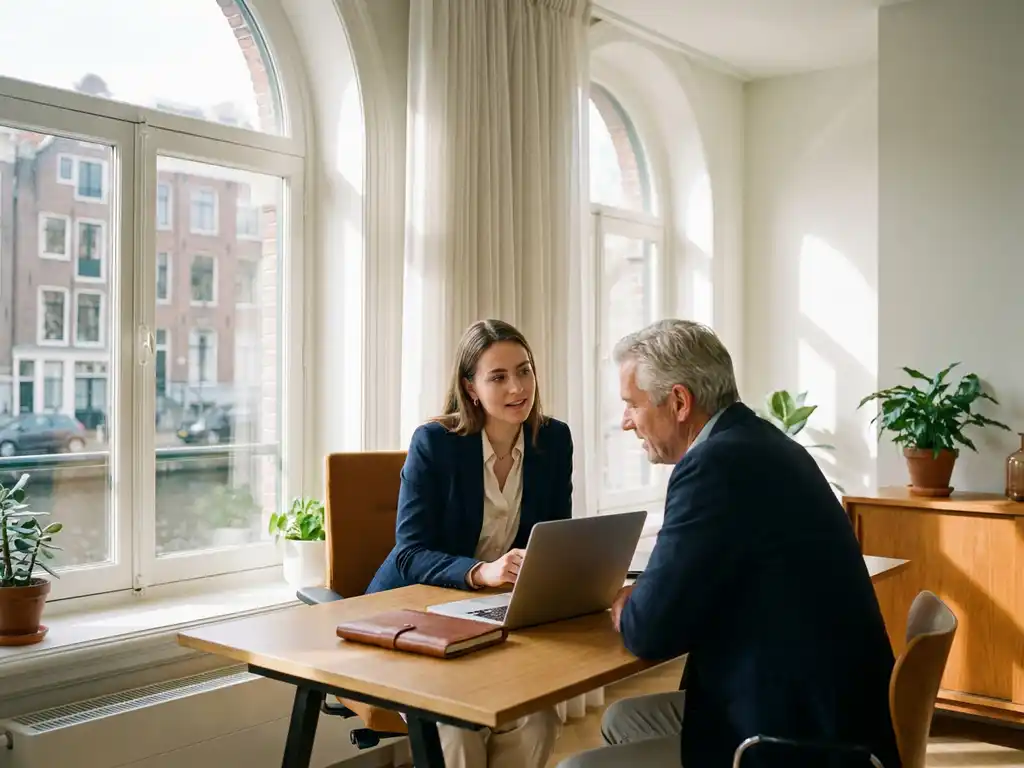 jonge professional in gesprek met senior collega aan bureau in licht modern amsterdams kantoor, open laptop en notitieboek zichtbaar.