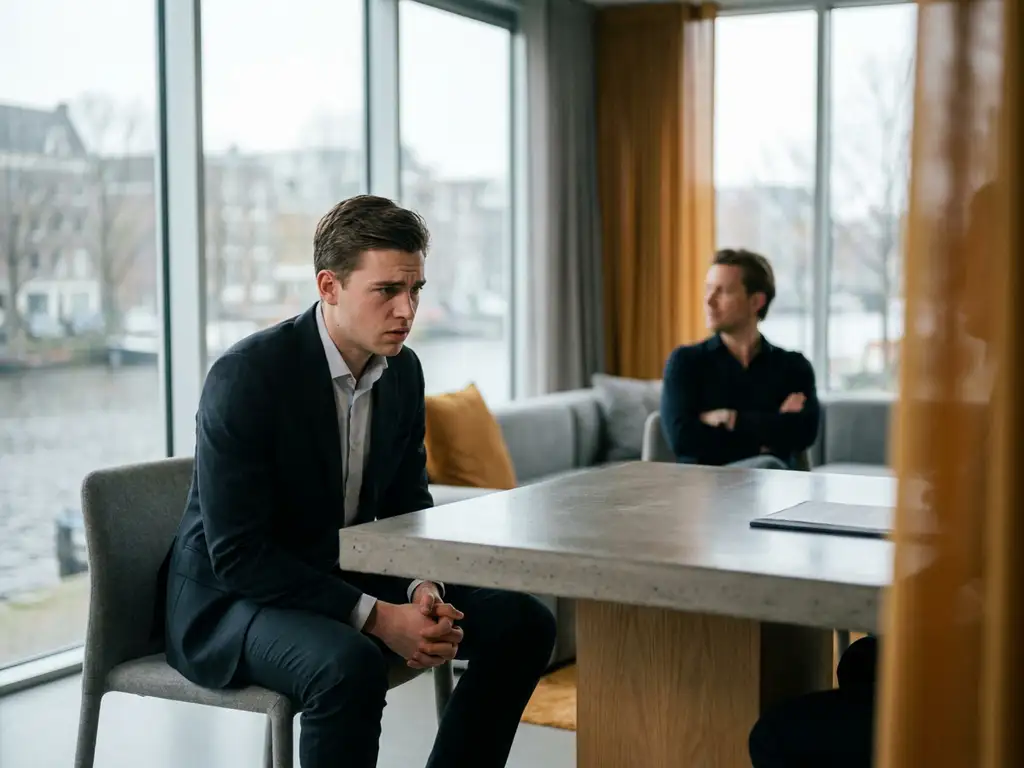 nerveuze sollicitant met geklemde handen en neergeslagen blik tegenover een gesloten interviewer in een modern amsterdams kantoor.
