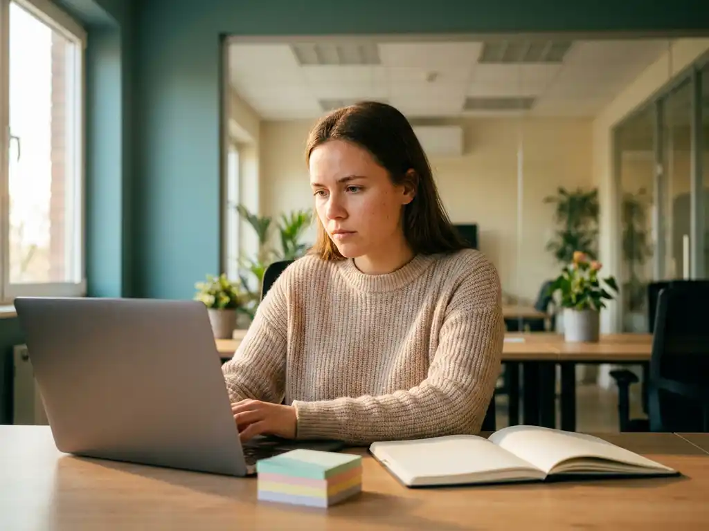 jonge professional bestudeert laptop aan modern bureau tijdens eerste werkweek, met sticky notes en notitieboek, open kantoor op achtergrond.