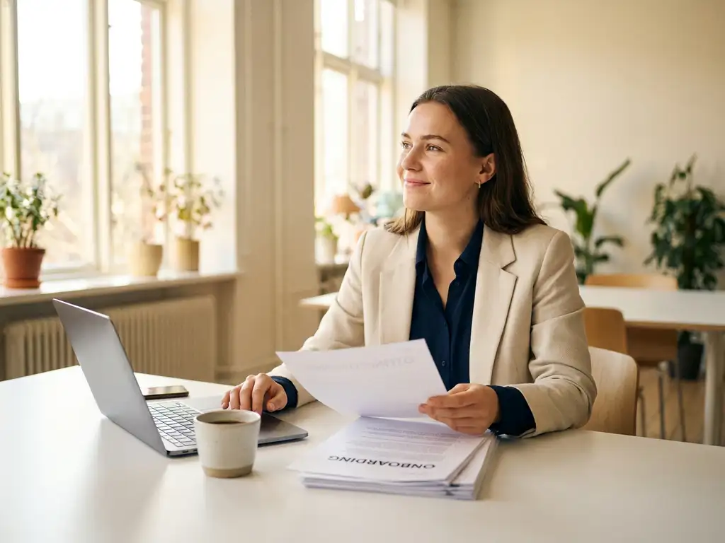 jonge professional leest onboardingdocument aan modern bureau in licht kantoor met laptop en koffie.