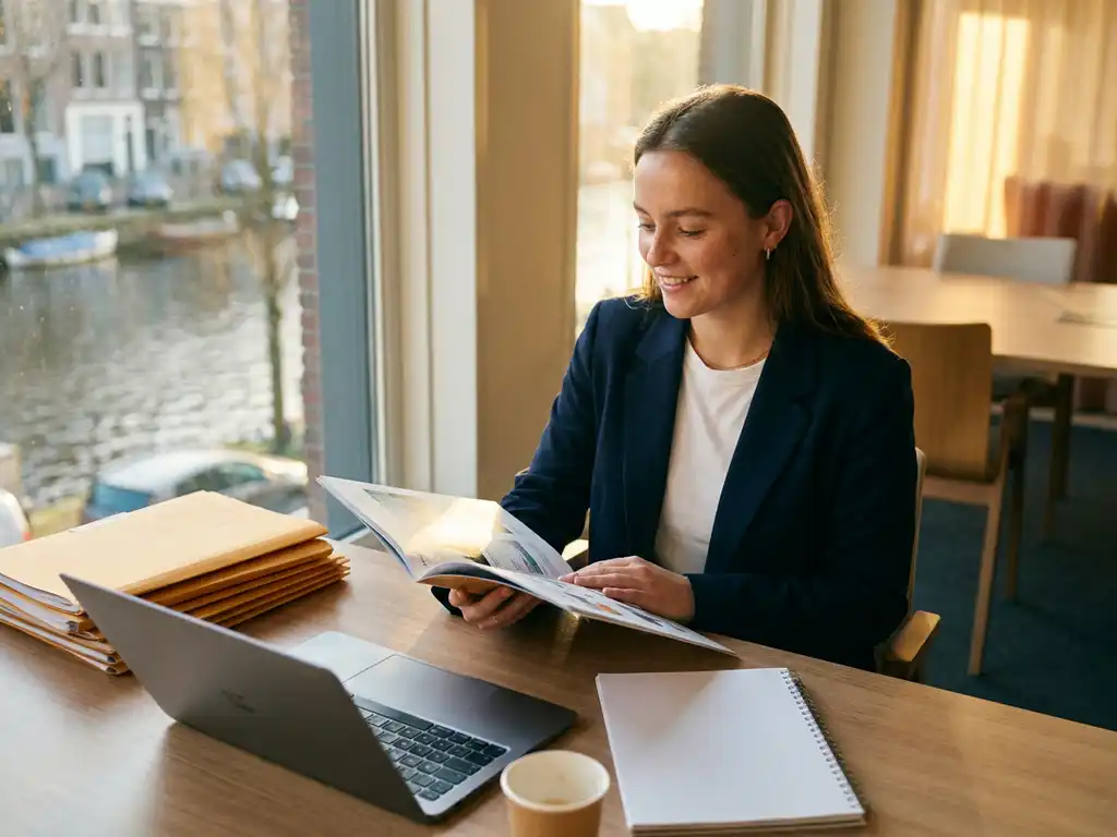 jonge professional in smart-casual kleding bekijkt portfolio aan modern amsterdams bureau met marketingrapporten en laptop in warm zonlicht.