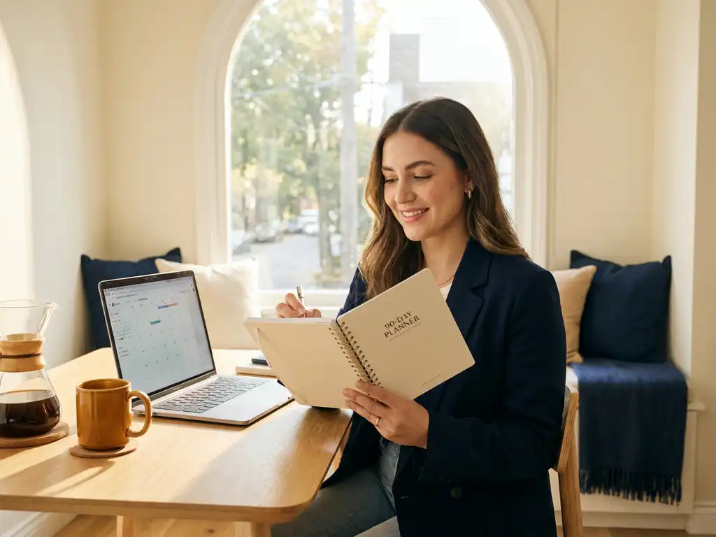jonge professional aan modern bureau met 90-dagen planner, laptop en koffie in warm natuurlijk licht.
