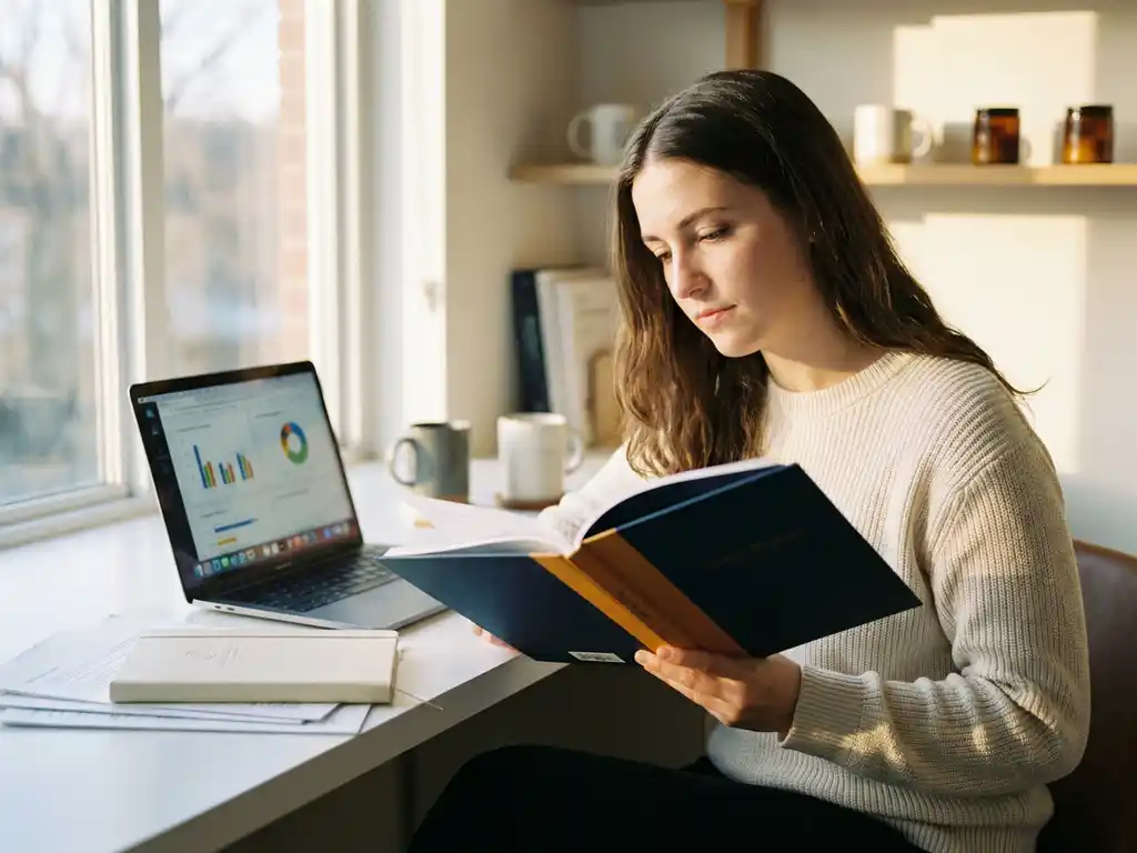 jonge professional studeert aan modern bureau met cursusboeken, laptop met analyticsdashboard en notitieboek in warm goudkleurig licht.