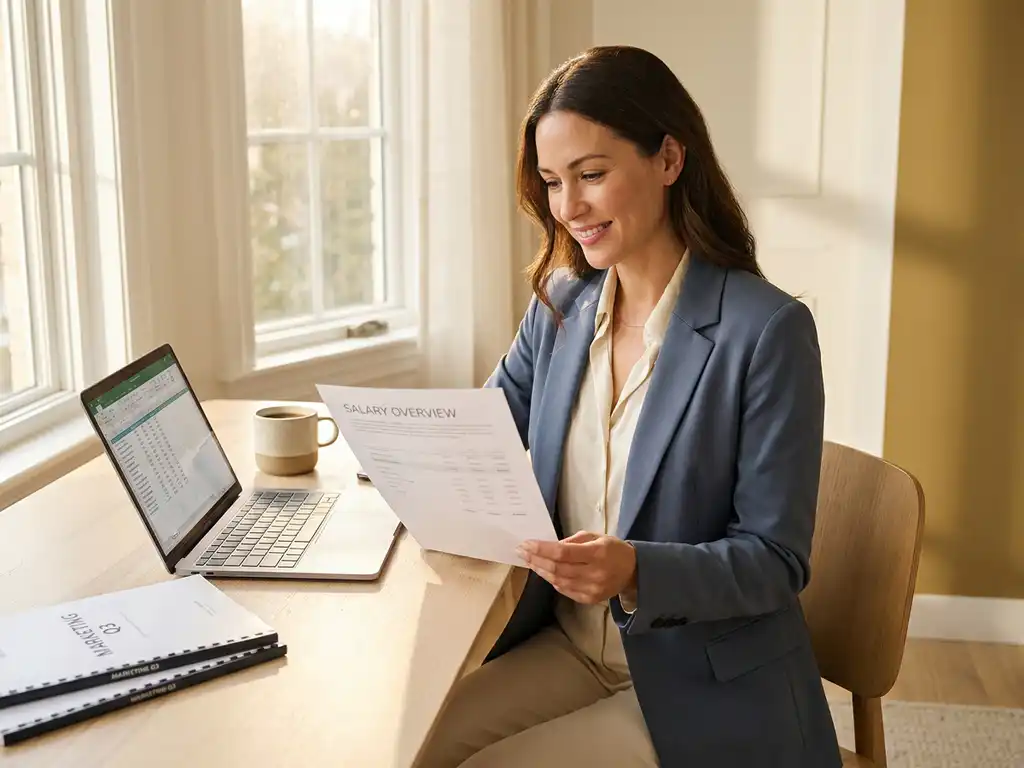 jonge professional in smart-casual kleding bestudeert salarisoverzicht aan modern bureau met laptop en marketingrapporten in warm natuurlijk licht.