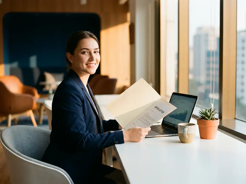 jonge professional houdt salarisaanbod vast aan modern bureau met laptop, koffie en plant in warm gouden kantoorlicht.