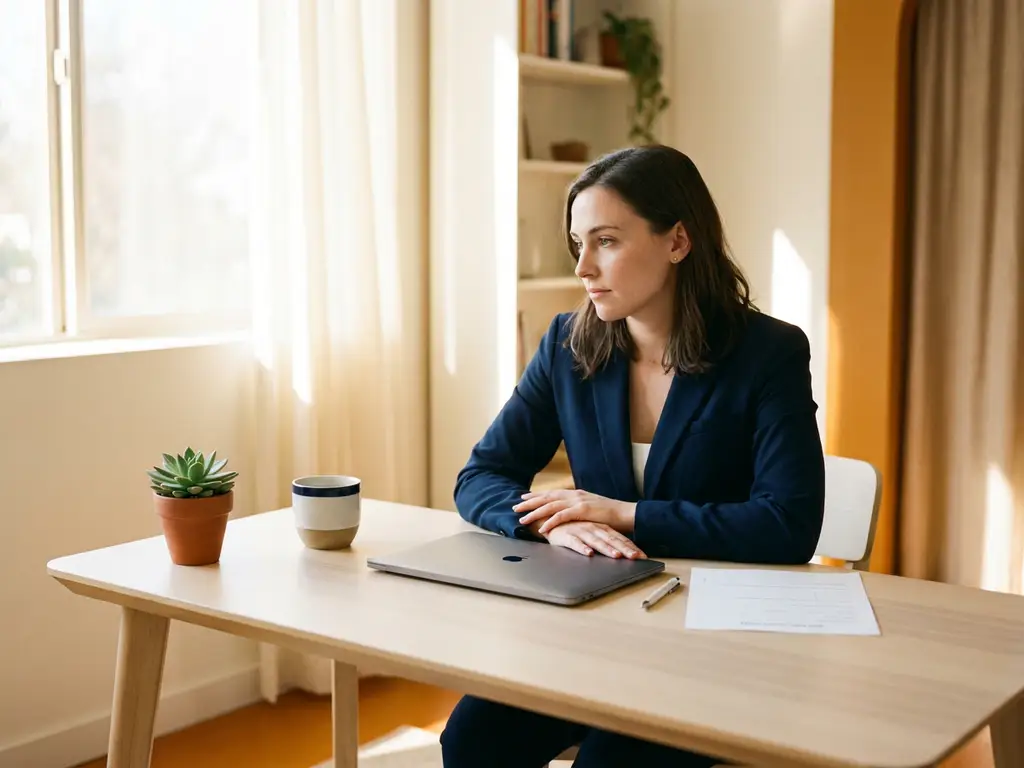 jonge professional aan modern bureau met handen op dichte laptop, starend naar leeg sollicitatieformulier, kamerplant en koffiekopje op de achtergrond.