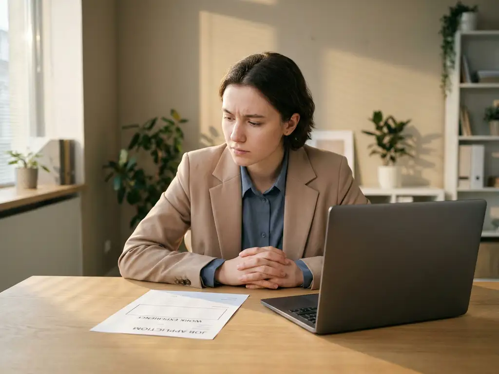 jonge professional aan modern bureau staart naar leeg sollicitatieformulier met blanco werkervaring, laptop dichtgeklapt, zacht middaglicht.