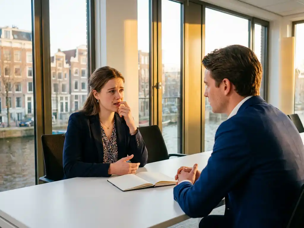 jonge professional in blazer aarzelt zichtbaar tijdens sollicitatiegesprek in modern amsterdams kantoor met gouden daglicht.