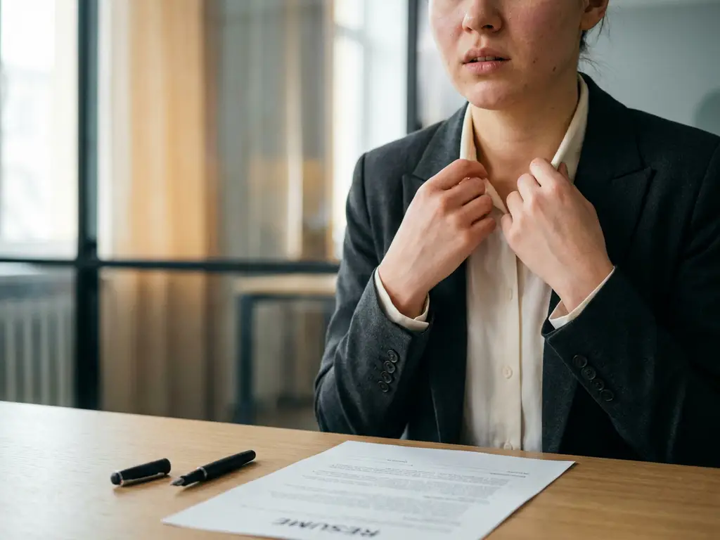 jonge professional die zenuwachtig zijn kraag rechttrekt voor een sollicitatiegesprek, met cv en pen op modern bureau.