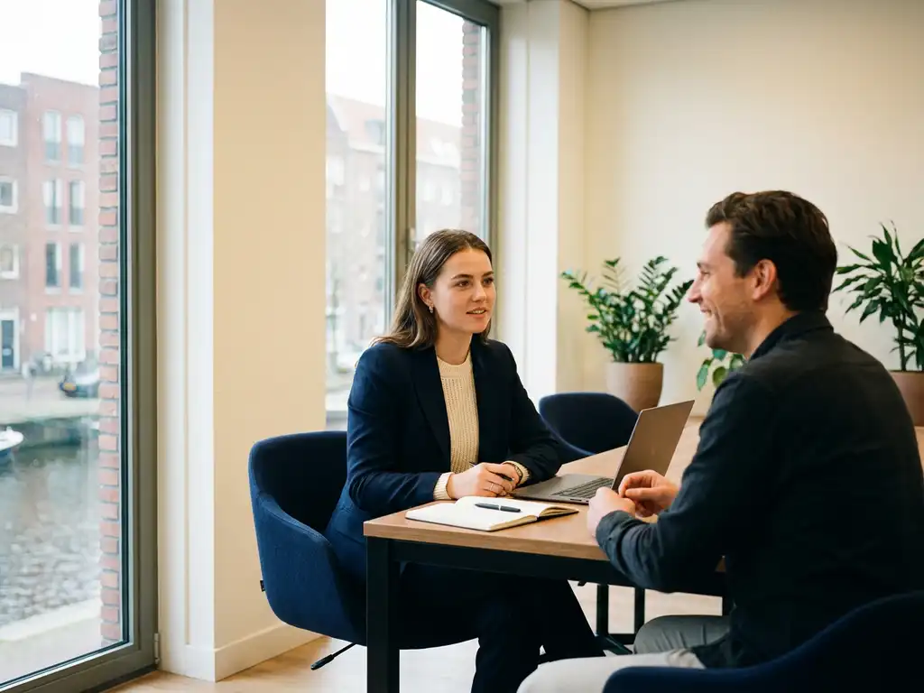 jonge professional in sollicitatiegesprek met hiring manager aan bureau in modern amsterdam kantoor met groot raampartij.